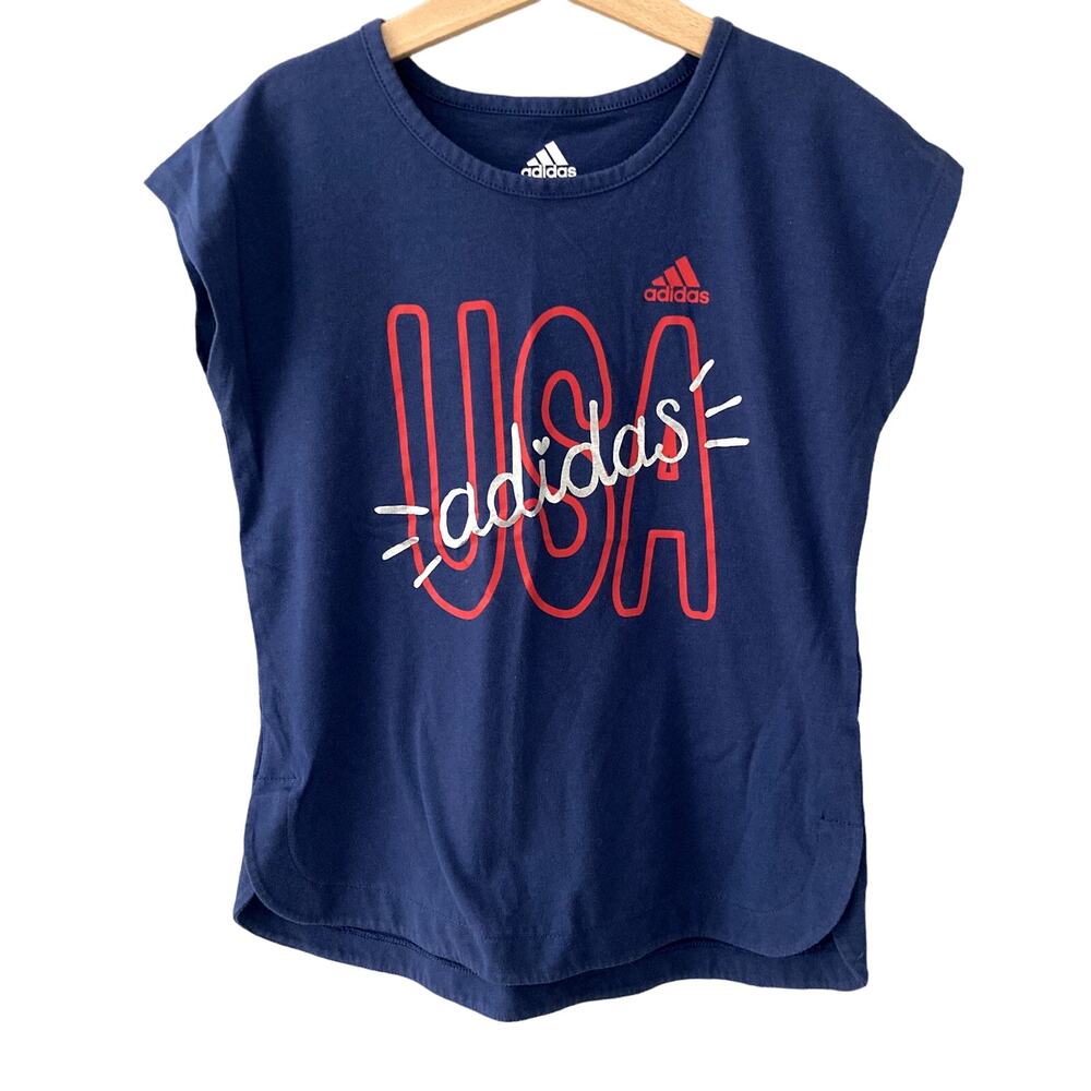 adidas USA Cap Sleeve Side Split Tee - Blue Red Silver - S - 7/8